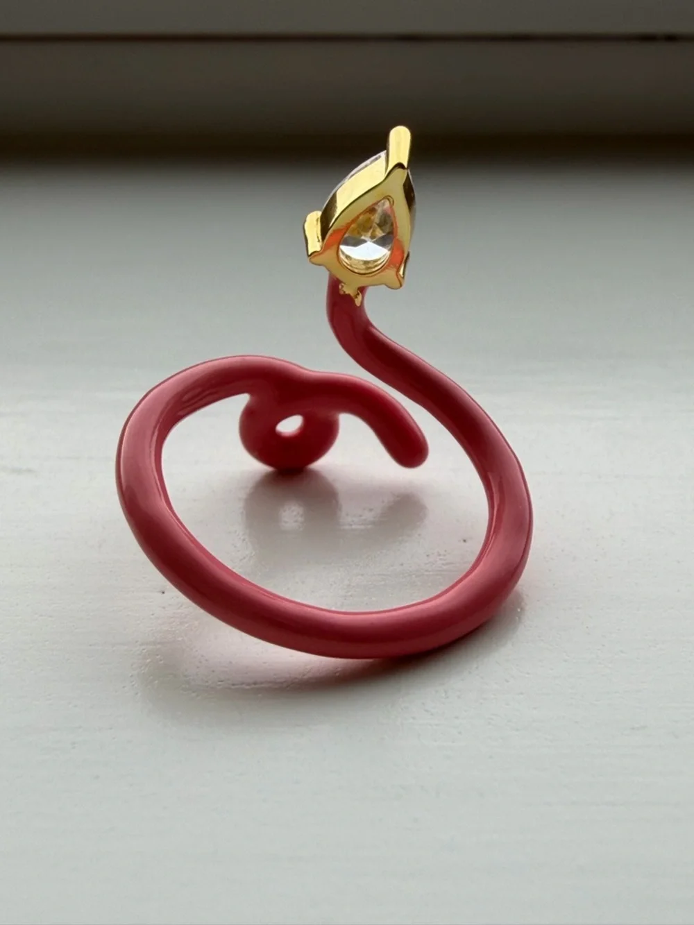 Adjustable Pink Open Snake Enamel Ring with Teardrop Crystal / Faux Gem